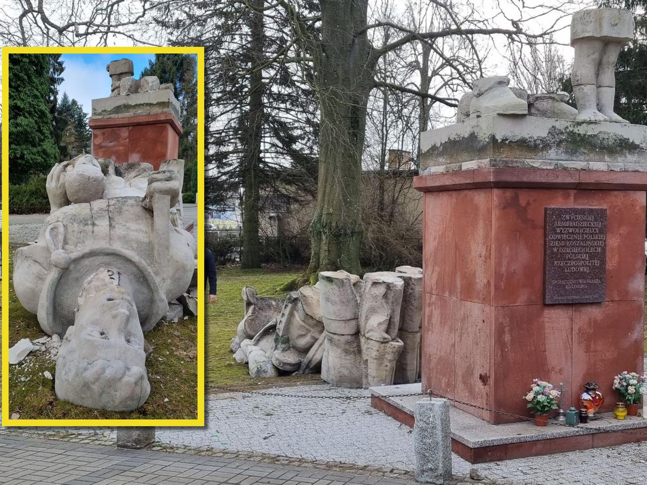 Dewastacja na cmentarzu w Koszalinie. Ktoś zniszczył pomnik żołnierza radzieckiego [ZDJĘCIA, WIDEO]
