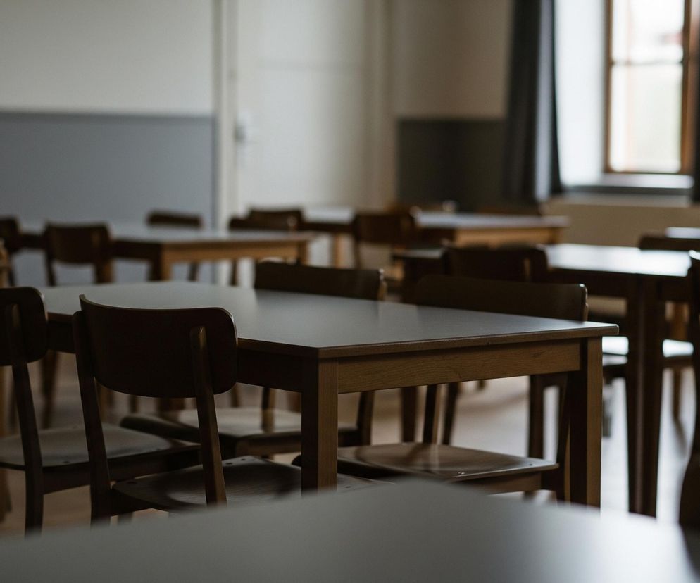 W przestronnym pomieszczeniu znajdują się rzędy drewnianych stołów i krzeseł, ułożonych w konfiguracji typowej dla jadalni lub sali wykładowej. Przedni plan zajmuje niewyraźna krawędź stołu, a za nią widoczne są wyraźniejsze, brązowe stoły z ciemniejszymi blatami i dopasowane, drewniane krzesła z zaokrąglonymi oparciami. W tle, po prawej stronie, widać okno z drewnianą futryną, częściowo zasłonięte ciemną zasłoną, a światło wpadające przez nie oświetla fragment podłogi. Ściany pomieszczenia są pomalowane na jasny, kremowy kolor w górnej części i ciemnoszary w dolnej, co tworzy wyraźny podział.