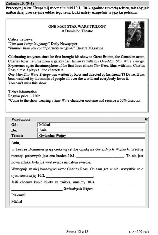 Egzamin ósmoklasisty 2019- język angielski arkusz