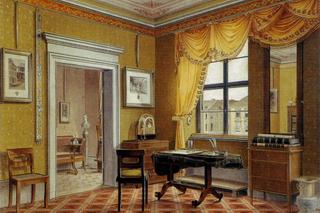 Gabinet w stylu biedermeier na XIX-w. akwareli. Prostota form mebli i elegancja kompozycji zdradzają wpływy klasycyzmu.
