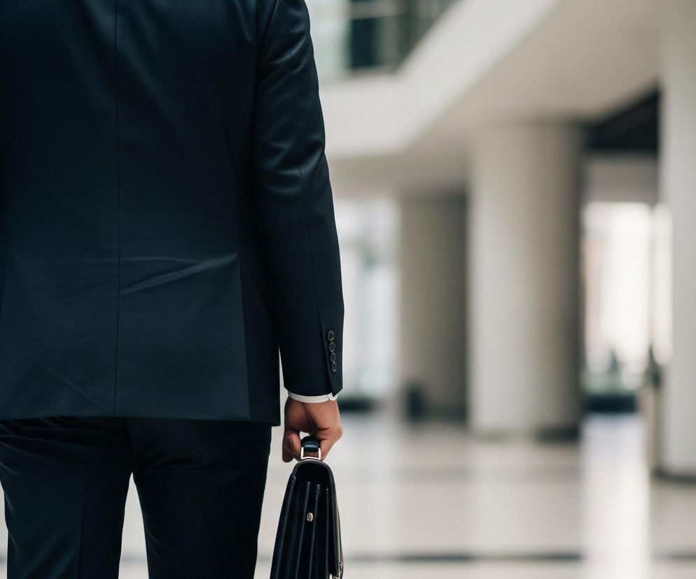 Mężczyzna ubrany w ciemny garnitur i białą koszulę jest widoczny od tyłu, idzie w głąb jasnego, przestronnego wnętrza. W prawej dłoni trzyma czarną, skórzaną teczkę. Na mankiecie jego marynarki widoczne są cztery guziki. Tło stanowią rozmyte, beżowo-szare ściany i kolumny, tworzące długi korytarz lub hol.
