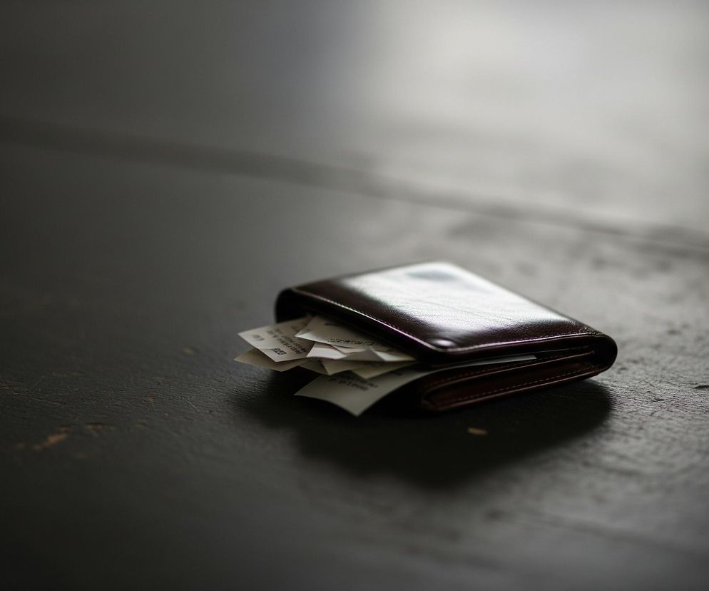 Ciemnobrązowy portfel leży na ciemnej, matowej powierzchni. Z portfela wystają pogniecione białe rachunki, częściowo zasłaniając jego wnętrze. Górna część portfela jest błyszcząca, odbijając światło, które oświetla centralną część kadru. Tło i boki obrazu są rozmyte i ciemniejsze, tworząc efekt głębi ostrości.