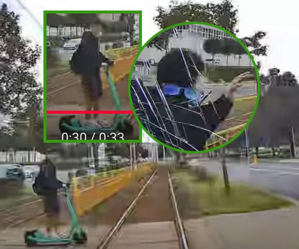 Hulajnoga kontra tramwaj. Nastolatek cudem uniknął tragedii. Wszystko się nagrało!