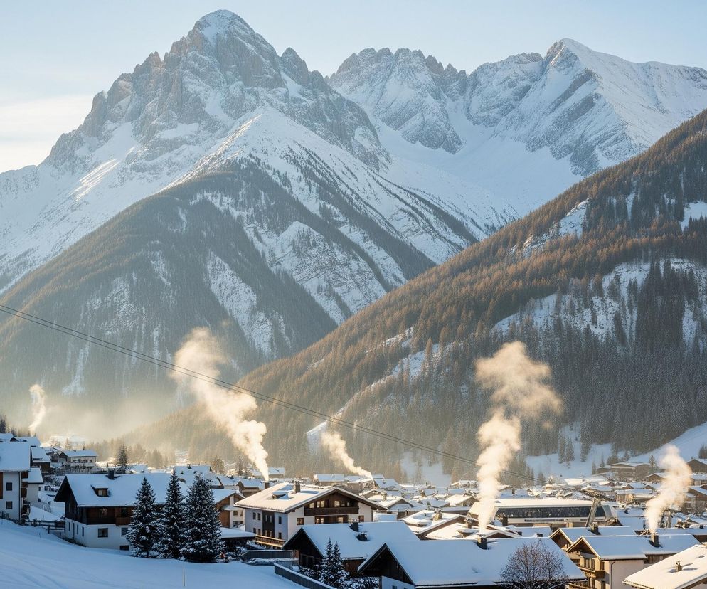 Zaspy śniegu pokrywają dachy licznych domów w górskiej dolinie, z których kominów unosi się biały dym, jasno oświetlony przez słońce. W tle wznoszą się potężne, ośnieżone szczyty górskie, częściowo porośnięte ciemnymi iglastymi lasami. Ponad doliną, na tle rozświetlonego nieba, widoczna jest czarna gondola kolejki linowej, zawieszona na dwóch czarnych linach biegnących przez całą szerokość obrazu.