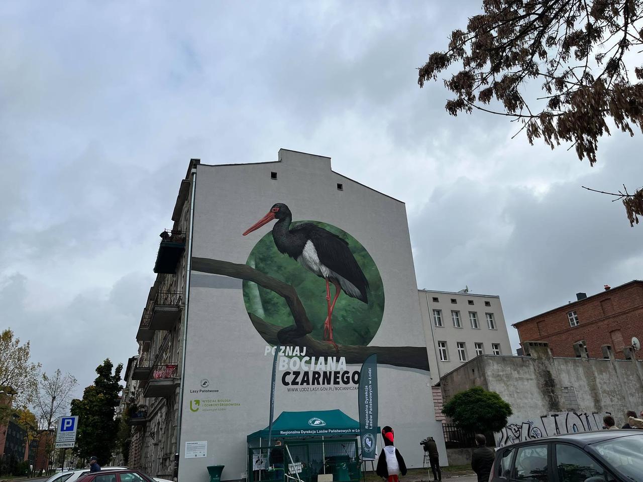W centrum Łodzi powstał nowy mural! Malowidło przedstawia bociana czarnego!