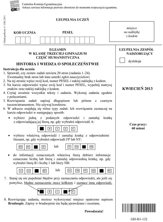 EGZAMIN GIMNAZJALNY 2013 HISTORIA, WOS - ARKUSZE, ODPOWIEDZI