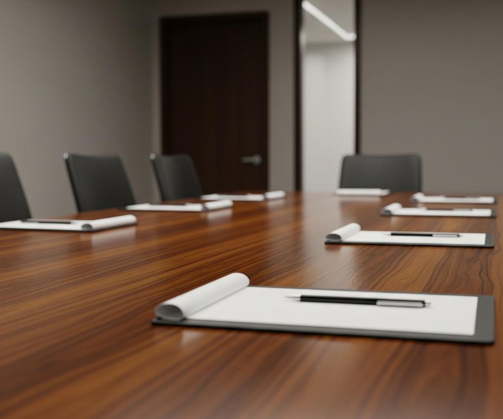 Na pierwszym planie widoczny jest długi, brązowy stół konferencyjny z wyraźnym usłojeniem drewna, rozciągający się od lewej do prawej strony. Na stole ułożone są białe kartki papieru, z których niektóre są zwinięte w rulon na górze, leżące na czarnych podkładkach, a na każdej z nich spoczywa czarny długopis. Po obu stronach stołu ustawione są czarne krzesła biurowe z jasnymi, metalowymi elementami konstrukcyjnymi. W tle, po lewej stronie, widać ciemne, drewniane drzwi, a po prawej częściowo uchylone jasne drzwi z jasnym, odbijającym światło futrynem, za którymi rozciąga się jasne pomieszczenie.