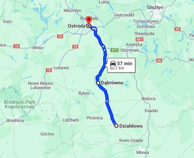 Działdowo - Ostróda przez Dąbrówno