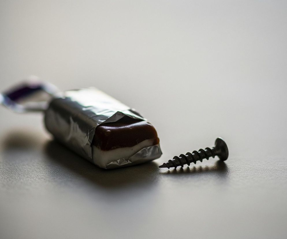 Na blacie o szarej, gładkiej powierzchni leżą obok siebie cukierek i śruba. Cukierek jest częściowo odpakowany z srebrnego, błyszczącego papierka, ukazując brązową warstwę na górze i białą na dole. Po prawej stronie leży ciemna, metalowa śruba z ostrym końcem skierowanym w lewo i gwintowanym trzpieniem. Tło jest rozmyte, jaśniejsze w górnej części.