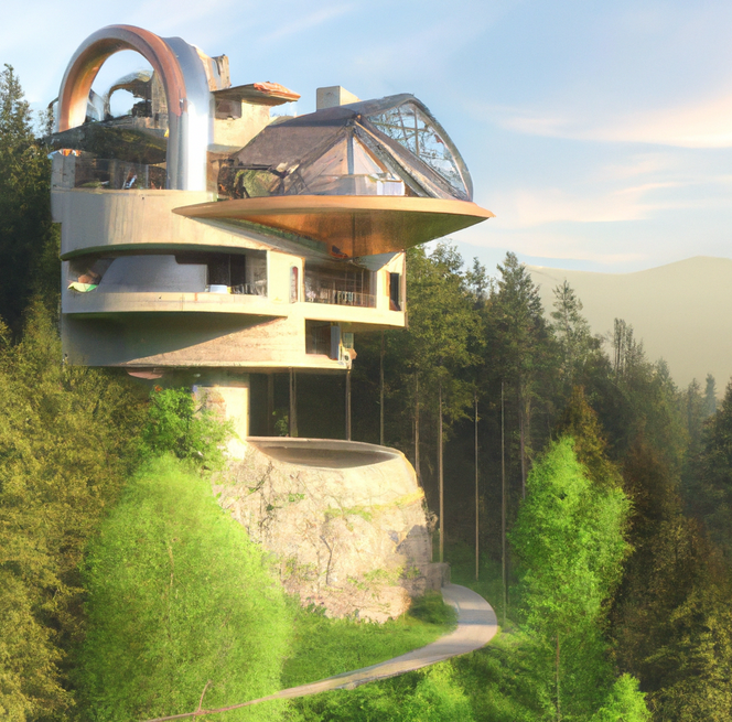Futurystyczna wizja domu w górach wg sztucznej inteligencji