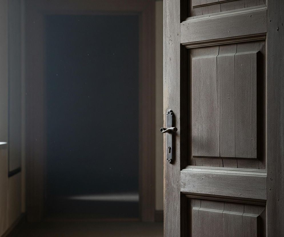 Otworzone drzwi z ciemnego drewna, ze starą, metalową klamką, zajmują prawą część kadru. Po lewej stronie widać otwartą przestrzeń ciemnego korytarza lub pokoju, z widocznym oknem po lewej stronie, przez które wpada delikatne światło, rozświetlające unoszące się w powietrzu drobinki. Na ciemnej podłodze w głębi pomieszczenia widoczny jest wąski, poziomy pas światła.