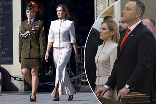 Stylowo i z klasą! Marta Nawrocka w kostiumie z rozszerzanymi nogawkami skradła show podczas Święta Wojska Polskiego [ZDJĘCIA]