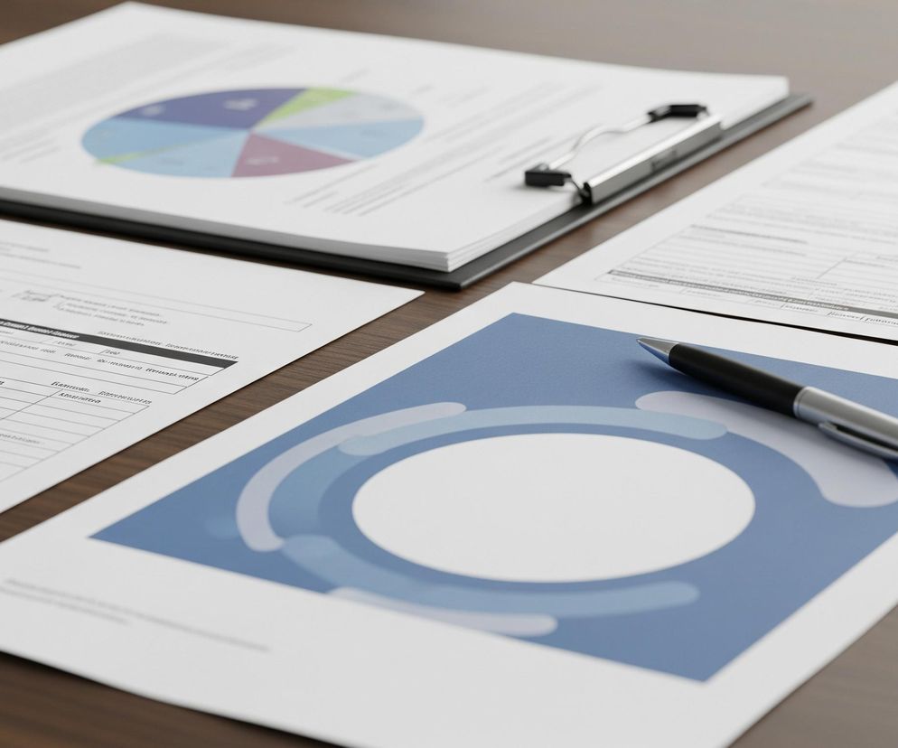 Na drewnianym blacie leżą dokumenty i przybory biurowe. W centralnej części obrazu znajduje się biała kartka z niebieskim tłem i białym okręgiem pośrodku, na której leży srebrno-czarny długopis. Po lewej stronie tej kartki, częściowo widoczny, leży arkusz z tabelami i tekstem. W tle, na czarnej podkładce z klipsem, umieszczono stos białych kartek, z których jedna przedstawia kolorowy wykres kołowy.