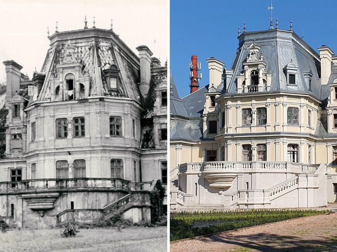 Po lewej:  Guzów od stony parku - 1977 r., po prawej Pałac Sobańskich w Guzowie - widok od strony parku - odnowiona elewacja - 2021 r.