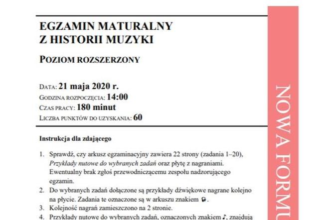 Arkusz CKE. Matura HISTORIA MUZYKI 2020