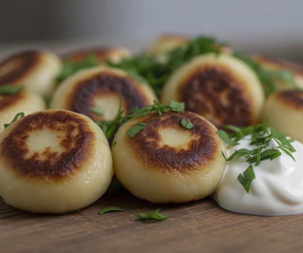 Drewniana deska stanowi podstawę dla wielu smażonych, okrągłych placków o jasnym, kremowym kolorze z brązowymi, przypieczonymi środkami. Pomiędzy nimi rozsypane są drobne, posiekane zielone listki, prawdopodobnie świeża pietruszka. Na pierwszym planie, z prawej strony, leży duża, biała, gęsta kulka śmietany, również udekorowana tymi samymi zielonymi listkami. Tło jest rozmyte, co dodatkowo podkreśla ostrość i szczegóły potrawy na desce.