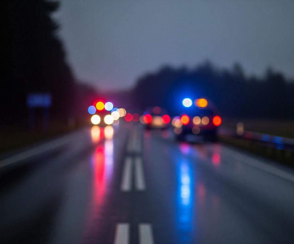 Droga asfaltowa, mokra od deszczu, rozciąga się w głąb kadru, tworząc perspektywę w dół. Na jezdni widoczne są białe, przerywane linie poziome, wyznaczające pasy ruchu, a także wyraźne odbicia świateł pojazdów w kałużach. W oddali migoczą rozmyte, intensywnie czerwone i niebieskie światła sygnalizacyjne, sugerujące obecność pojazdów uprzywilejowanych. Po obu stronach drogi rozciąga się ciemny las, którego zarysy są niewyraźne, a horyzont pokryty jest szarym, zachmurzonym niebem.