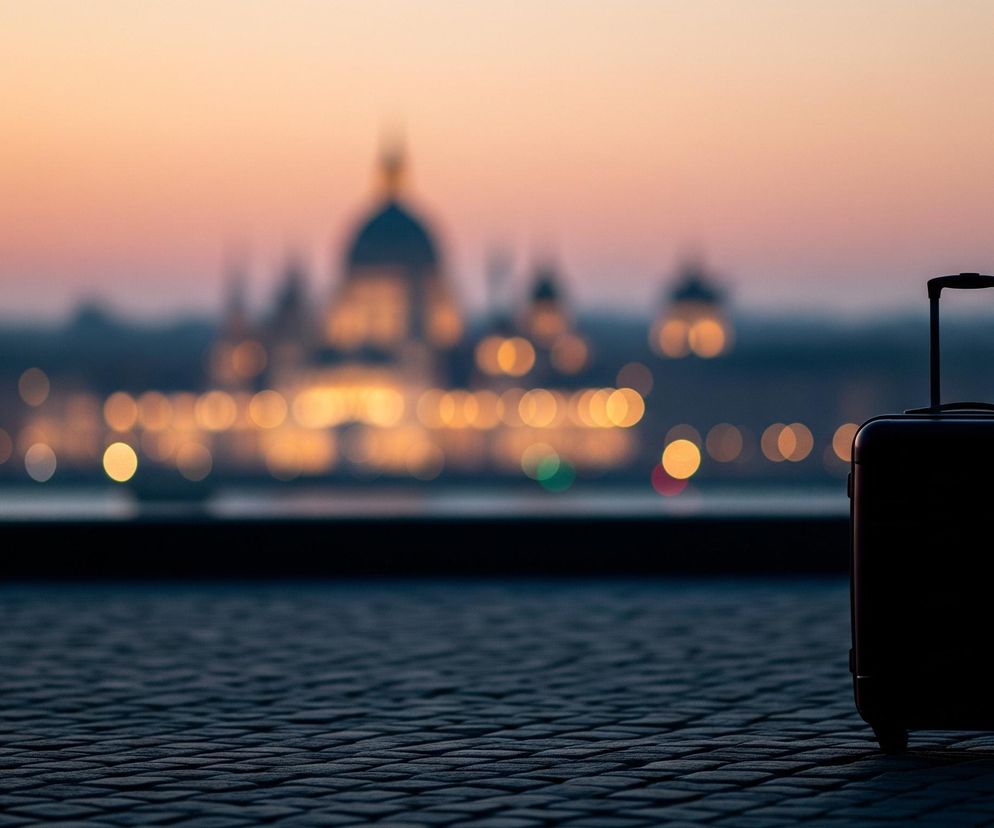 Na pierwszym planie, po prawej stronie, stoi pionowo ciemna walizka podróżna z wysuniętą rączką, w całości w cieniu. Stoi na ciemnoszarym, brukowanym chodniku. W tle, za ciemnym horyzontem, widoczna jest rozmyta panorama miasta oświetlonego ciepłymi, pomarańczowymi światłami, z wyraźnie zarysowanymi sylwetkami budynków, w tym charakterystycznej kopuły. Niebo w tle przechodzi od bladego pomarańczu na górze do różu i fioletu w kierunku horyzontu.