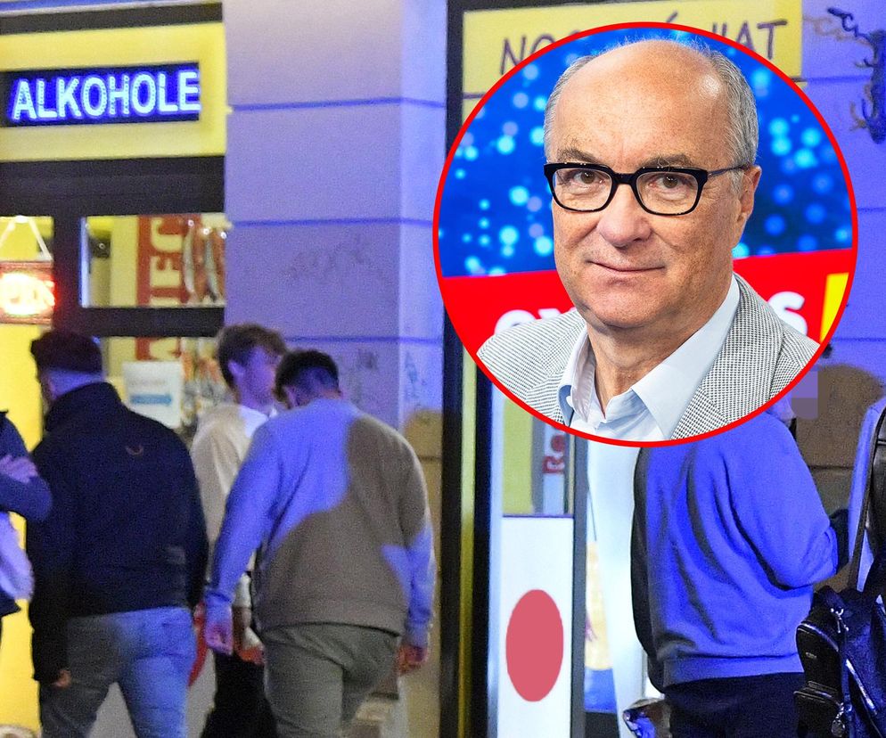 Włodzimierz Czarzasty, lider Nowej Lewicy, na tle nocnego sklepu z neonem ALKOHOLE. Polityk popiera nocną prohibicję i zakaz sprzedaży alkoholu na stacjach paliw, o czym przeczytasz więcej na Super Biznes.