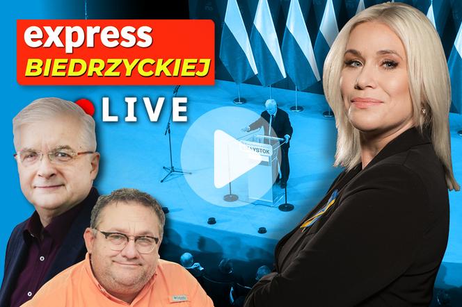 SG Express Bedrzyckiej -  Cimoszewicz, mniejszy Oczkoś + logo Expressu i napis LIVE + w tle zdjęcie z Konwencji PiS w Białymstoku
