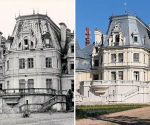 Po lewej:  Guzów od stony parku - 1977 r., po prawej Pałac Sobańskich w Guzowie - widok od strony parku - odnowiona elewacja - 2021 r.