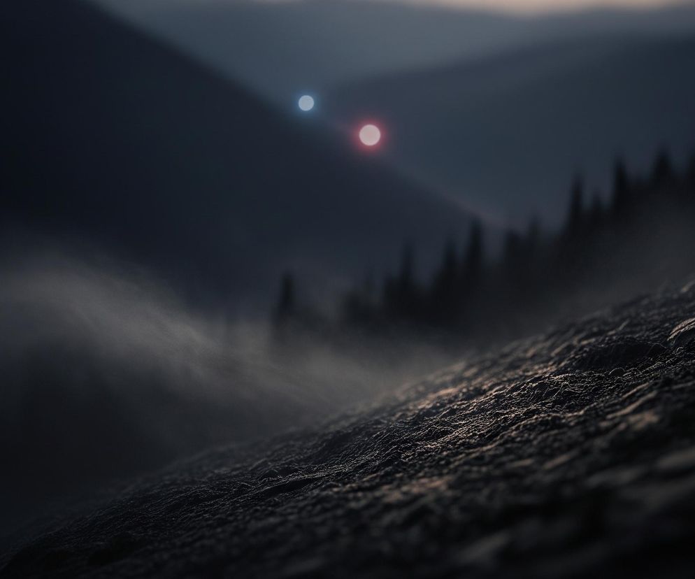 Na pierwszym planie, z prawego dolnego rogu wznosi się strome, nierówne zbocze, pokryte ciemną, chropowatą powierzchnią z widocznymi refleksami światła w odcieniach brązu i szarości. W lewym środkowym obszarze obrazu unosi się delikatna, jasnoszara mgła, tworząc miękkie smugi w poprzek kadru. W tle widać zarysy kilku pasm górskich o rozmytym kształcie i ciemnej, niebiesko-szarej barwie, na których szczytach, w oddali, znajdują się dwa okrągłe punkty świetlne: jeden jasnoniebieski po lewej i jeden czerwony po prawej. Poniżej pasm górskich, po prawej stronie, rysuje się ciemna sylwetka lasu złożonego z iglastych drzew.