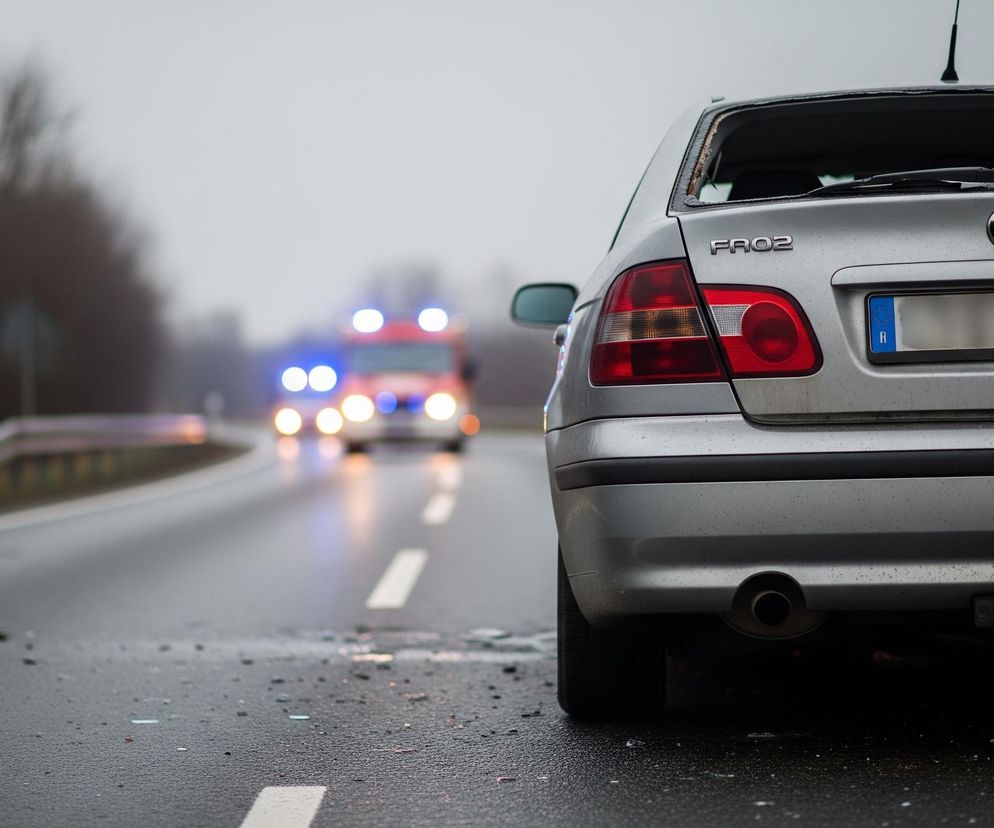 Srebrny samochód stoi tyłem do obserwatora na mokrej drodze asfaltowej. Tylna szyba pojazdu jest całkowicie wybita, widoczny jest tylko czarny otwór po ramie. Na tablicy rejestracyjnej znajduje się biała pusta przestrzeń oraz symbol 'A' na niebieskim tle po lewej stronie. Na mokrej nawierzchni rozsypane są drobne odłamki, prawdopodobnie szkła. W tle, w oddali, widać rozmazane światła awaryjne czerwono-niebieskiego pojazdu służb ratunkowych, a także niewyraźne sylwetki drzew na tle szarego nieba.