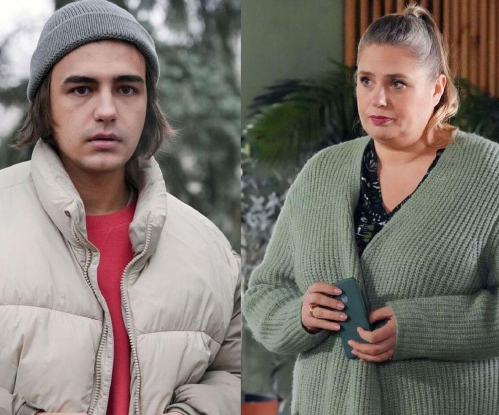 Romeo (Jacek Tyszkiewicz) w szarej czapce i jasnej kurtce oraz Aldona (Elżbieta Romanowska) w zielonym kardiganie, trzymająca telefon. Scena z serialu Barwy szczęścia, której szczegóły poznasz na Super Seriale.