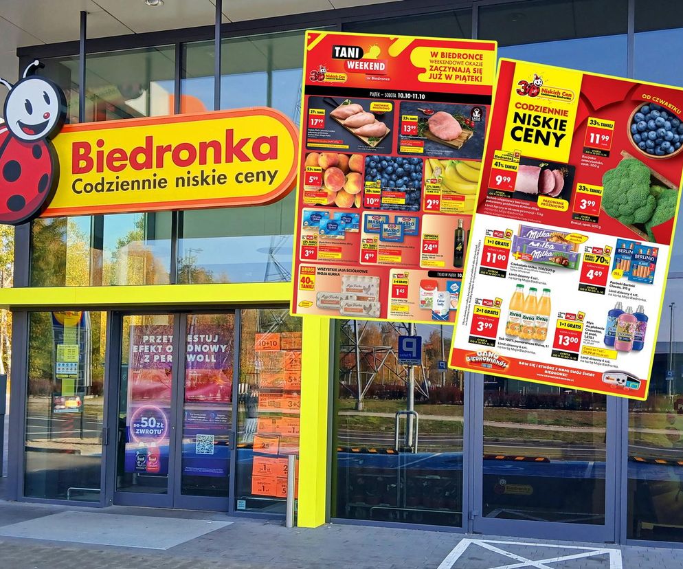 Sklep Biedronka z widocznym logo i napisem Codziennie niskie ceny, a na nim grafiki z aktualnymi promocjami na weekend, prezentujące schab wieprzowy, masło, borówki i brokuły. Więcej o rekordowych zniżkach przeczytasz na Super Biznes.