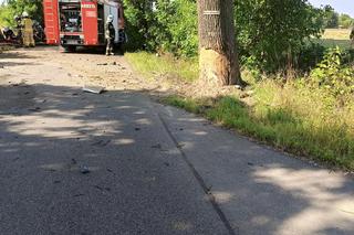 Wypadek pod Pabianicami. Mercedes rozpadł się na pół po uderzeniu w drzewo [ZDJĘCIA].