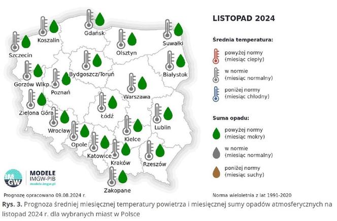 IMGW-PIB: Eksperymentalna prognoza długoterminowa temperatury i opadu na wrzesień 2024 r. – grudzień 2024 r.