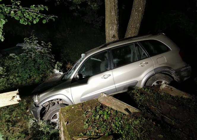 Poważny wypadek w Borkach. Samochód uderzył w barierę mostu i spadł do rowu [ZDJĘCIA]