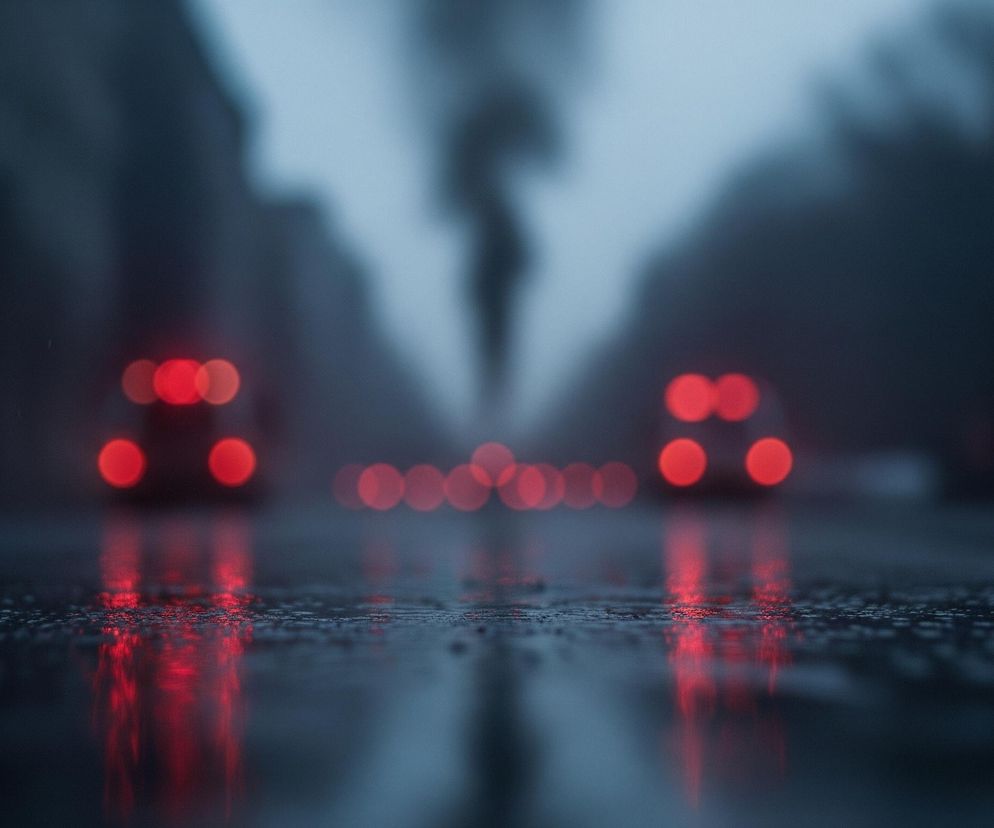Mokry asfalt pokryty jest drobnymi kroplami wody, odbijającymi intensywne, czerwone światła rozmytych tylnych lamp samochodowych. Światła tworzą długie, pionowe smugi na ciemnej nawierzchni. W tle widać niewyraźne sylwetki pojazdów oraz miejską przestrzeń, również w rozmyciu, dominują szarości i błękity.