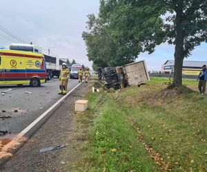 Wypadek trzech pojazdów na DK79 w Ożarowie. Kierowców dwóch ciężarówek i BMW zabrały karetki