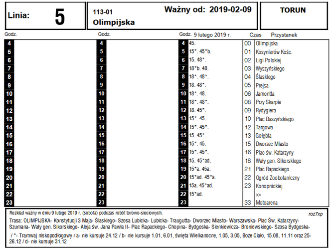 Rozkłady jazdy tramwajów - 9 stycznia