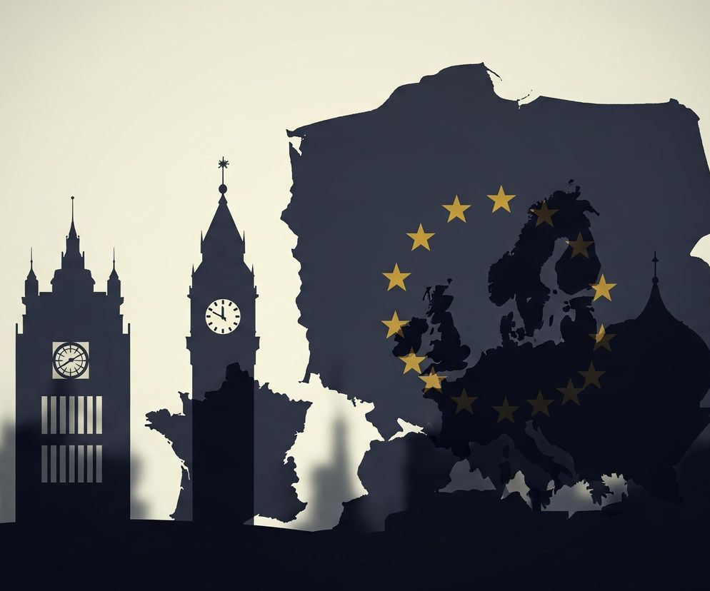 Po lewej stronie obrazu widnieje rząd ciemnych, sylwetkowych budynków, przypominających charakterystyczne europejskie budowle. Wśród nich wyróżnia się wieża telewizyjna z kulistym elementem na szczycie, wysoka wieża zegarowa z tarczą wskazującą godzinę około drugiej, oraz inna wieża zegarowa z dwoma tarczami. Z prawej strony dominuje duża ciemna sylwetka mapy, na której zaznaczone są kontury krajów Europy, częściowo wypełnione żółtymi gwiazdami w okręgu, symbolizującymi flagę Unii Europejskiej. Całość utrzymana jest w stonowanych barwach, z jasnym, beżowym tłem i głębokimi, ciemnymi cieniami tworzącymi trójwymiarowy efekt.