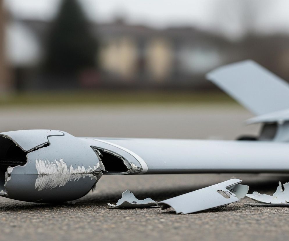 Na pierwszym planie leży uszkodzony, szary obiekt o opływowym kształcie, przypominający fragment drona lub pocisku. Jego przednia część jest połamana i poszarpana, z widocznymi jasnymi zadrapaniami na powierzchni. Obok leżą mniejsze, odłamane kawałki tego samego materiału. Tło stanowią rozmyte budynki o jasnobrązowych elewacjach oraz ciemnozielone drzewo, a całość leży na szarej, asfaltowej powierzchni.