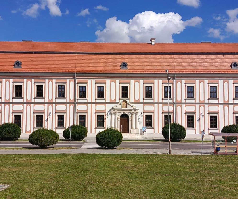 Zrewitalizowany budynek Akademii Zamojskiej o pastelowej fasadzie i czerwonym dachu, otoczony zielenią i fragmentem chodnika, widziany w słoneczny dzień. Ten nagradzany projekt architektoniczny można znaleźć na Architektura Murator Plus.