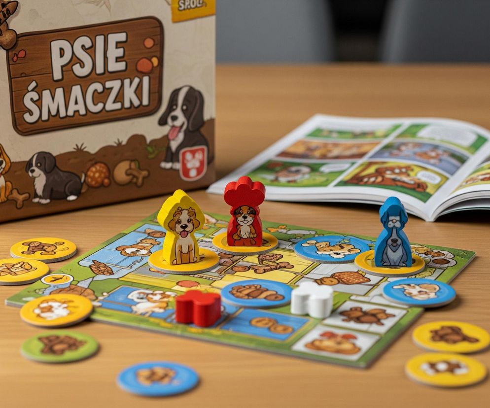 Na drewnianym blacie stołu leży plansza do gry z grafiką przedstawiającą brązową ziemię z elementami zieleni i żółtymi kafelkami z różnymi grafikami. Na planszy znajdują się trzy pionki w kształcie psów: żółty, czerwony i niebieski, ustawione na okrągłych podstawkach w odpowiednich kolorach. Obok planszy ułożone są stosy okrągłych żetonów w kolorach żółtym, niebieskim i zielonym, przedstawiające psie smakołyki lub kości. W lewym górnym rogu zdjęcia widać fragment tekturowego pudełka z grą, na którym widnieje ilustracja z trzema szczeniakami oraz napis PSIE SMACZKI, a także kość z napisem RPHA. Po prawej stronie planszy leży otwarta książeczka z komiksowymi ilustracjami w żywych kolorach, z tekstem umieszczonym w dymkach. Całość jest dobrze oświetlona, a tło jest lekko rozmazane, skupiając uwagę na elementach gry.
