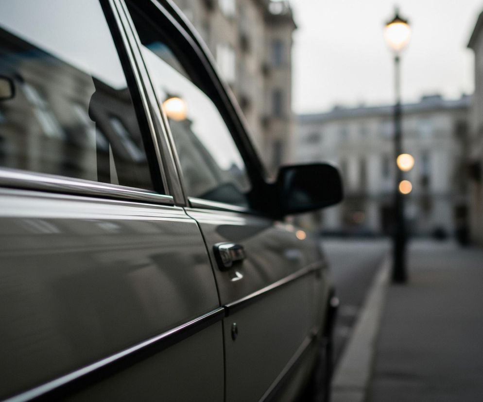 Jasnobrązowy samochód z chromowanymi listwami na drzwiach zajmuje pierwszy plan, skierowany lekko w prawo, z widocznymi oknami i lusterkiem bocznym. W tle, po prawej stronie samochodu, rozciąga się ulica z rzędem zabytkowych budynków o jasnych fasadach i czarnymi oknami. Na środku kadru, za samochodem, wznosi się czarna latarnia uliczna z trzema świecącymi kulami, z których górna jest najjaśniejsza. Całe tło jest rozmyte, co kontrastuje z ostrością samochodu.