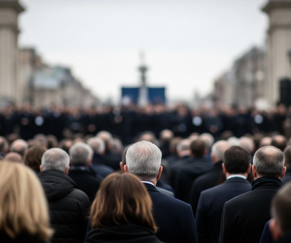 Tłum ludzi, głównie mężczyzn, patrzy w głąb kadru, stojąc blisko siebie. Na pierwszym planie widoczne są plecy i głowy osób, niektóre z siwymi włosami, inne z krótkimi, ciemnymi lub blond. Większość osób ubrana jest w ciemne płaszcze lub marynarki. Dalej w tle, rozmyte figury również patrzą w tym samym kierunku, a na końcu perspektywy widać zarys budynków z kolumnami oraz słupów oświetleniowych po obu stronach ulicy, pod zachmurzonym, jasnym niebem.