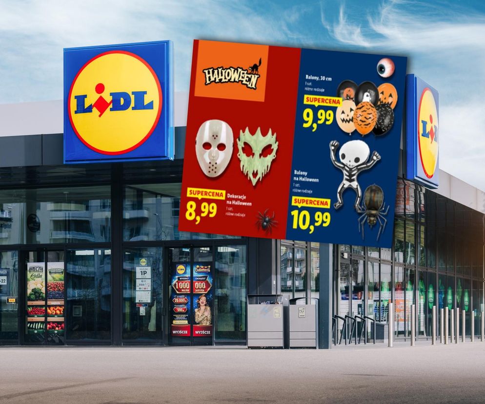 Zewnętrzny widok na sklep Lidl z szyldem, nad którym widoczne są dwie grafiki reklamowe ofert Halloween: maski i balony w kształcie dyni oraz szkieletu. O promocjach na Super Biznes.