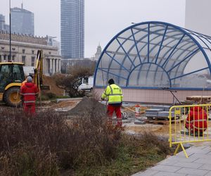 Budowa łąki kwietnej przy wejściu do metra Centrum w Warszawie