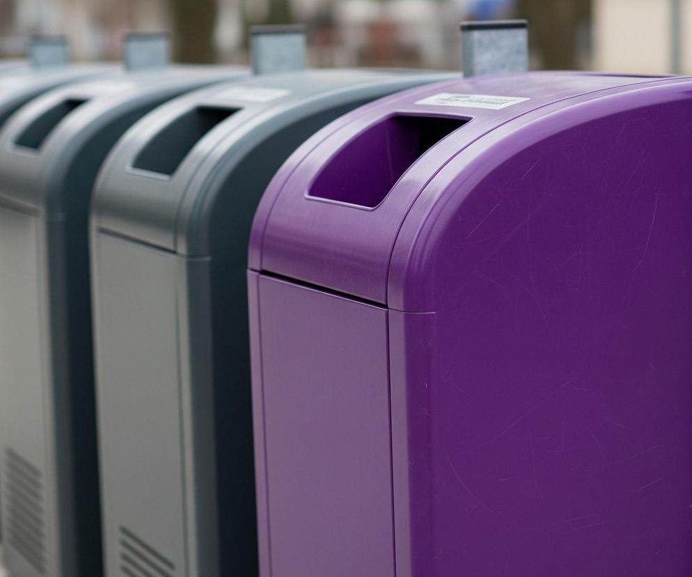Wyróżnia się rząd pojemników do recyklingu, ustawionych wzdłuż chodnika. Pierwszy, wyraźnie fioletowy pojemnik, ma zakrzywioną górę z podłużnym otworem. Za nim widać kolejne pojemniki, stopniowo przechodzące w odcienie szarości i ulegające rozmyciu w tle. Wszystkie mają podobny kształt i wycięcia na górze, a także charakterystyczne, poziome żebra w dolnej części bocznej ściany. Z prawej strony fioletowego pojemnika stoi metalowy słupek o kwadratowym przekroju, pokryty cętkowanym wzorem ocynkowanej blachy, z czarną zaślepką na wierzchu i niewielkim otworem blisko górnej krawędzi. Tło jest rozmyte, z niewyraźnymi sylwetkami samochodów i budynków.