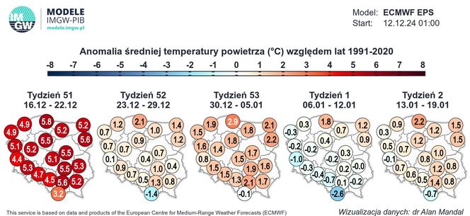 IMGW Anomalia temperatury w Polsce