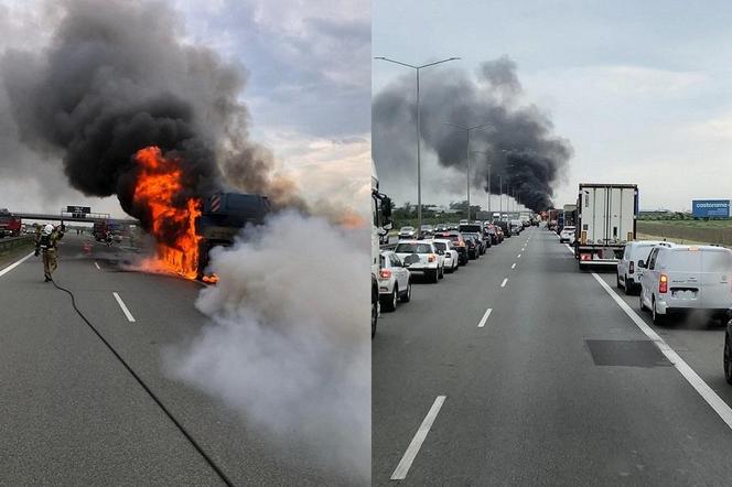 Dźwig stanął w ogniu na autostradzie A2. Słup dymu było widać z daleka