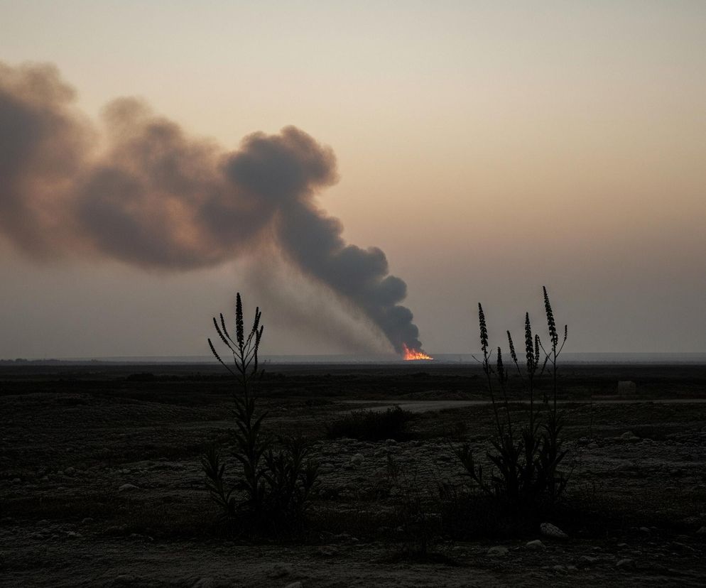 Horyzont dzieli obraz na dwie części: niebo i ziemię. Górna część przedstawia jasne, rozmyte niebo w odcieniach beżu i jasnej szarości, na którym unosi się duża chmura ciemnego dymu, rozciągająca się od lewej do środka kadru. U podstawy dymu, w tle, widoczne są intensywne, pomarańczowe płomienie. Dolna część kadru, zajmująca około dwóch trzecich obrazu, ukazuje ciemny, płaski teren pokryty niską roślinnością i rozsianymi kamieniami, a w prawym i lewym pierwszym planie widoczne są dwie, smukłe, ciemne rośliny.
