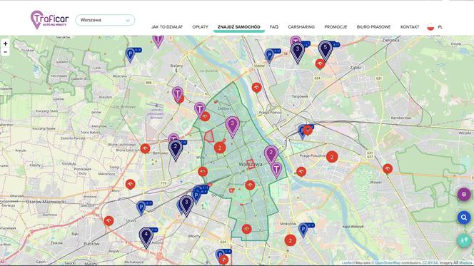 Traficar Carsharing - mapa strefy w Warszawie