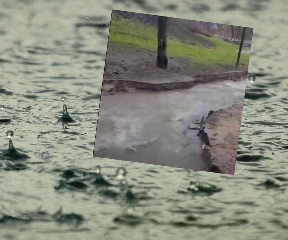Park w Jezioranach zamienił się w rwącą rzekę po opadach deszczu. Strażacy apelują o rozwagę [WIDEO]