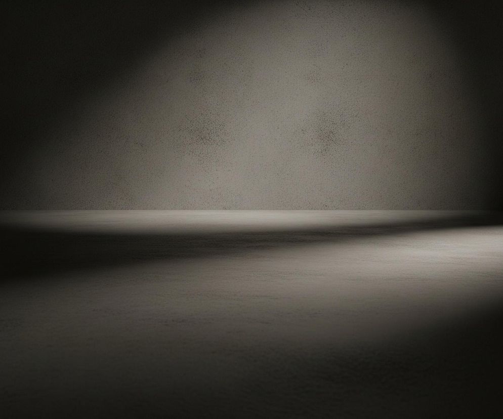 Ciemne, puste pomieszczenie z betonowymi ścianami i podłogą. Od góry po lewej stronie pada stożkowy promień światła, rozjaśniając fragment ściany i podłogi. Na podłodze widoczne są dwa pasy światła, biegnące poziomo i zbiegające się w prawym dolnym rogu. Tekstura powierzchni jest lekko chropowata, co dodaje głębi ciemnym odcieniom szarości.